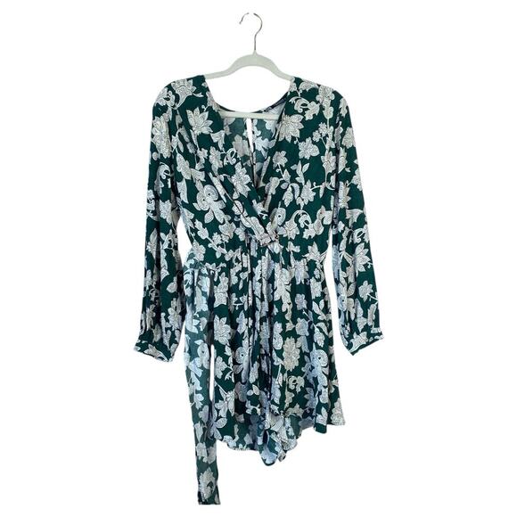 ZARA Green Floral Romper Playsuit Size Medium Flowy Long Sleeve Summer - Picture 1 of 6